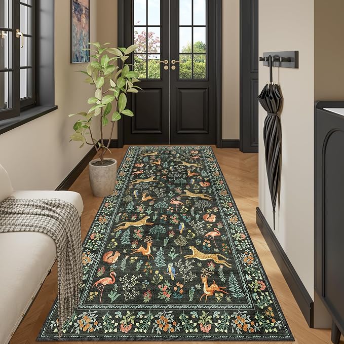 DUKINO 3x8 Washable Runner Rug, Low Pile Animal Print Non Slip Long Runner Rug for Kitchen, Lightweight & Non Shedding Indoor Carpet for Hallway, Kitchen, Entryway, Bathroom, Laundry, Black