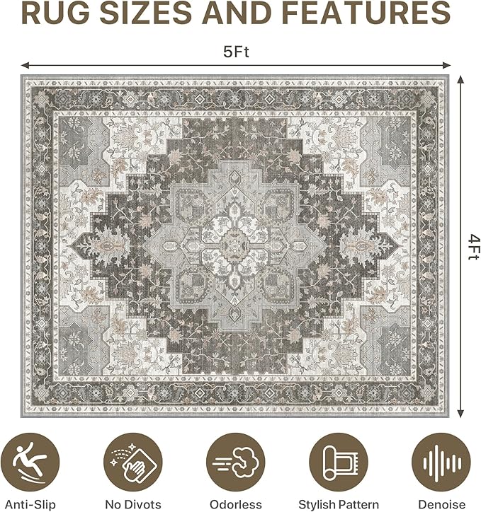 48"x60" Office Chair Mat for Hardwood Tile Floor, Under Desk Carpet Protector for Rolling Computer Chair Mat, Machine Washable Area Rug, Anti-Slip 1/5" Thick Low Pile Thin Vinyl Floor Mat, Tawny Grey