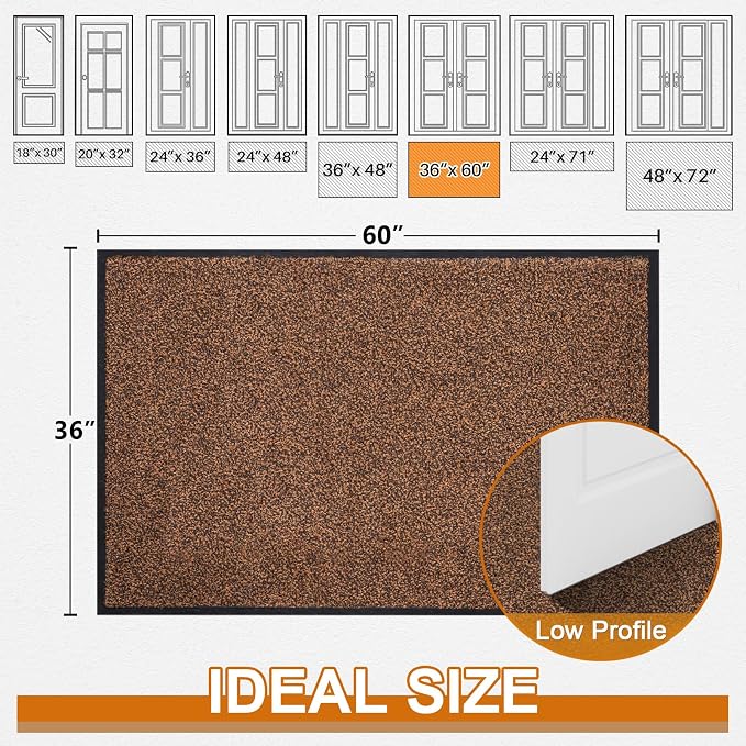 Mibao Front Door Mat Indoor Entrance, 60" x 36", Dirt Trapper Welcome Mat for Outdoor Indoor, Non-Slip Waterproof Doormat, Durable Machine Washable Low Profile Entry Rug for Back Door Outside,Brown