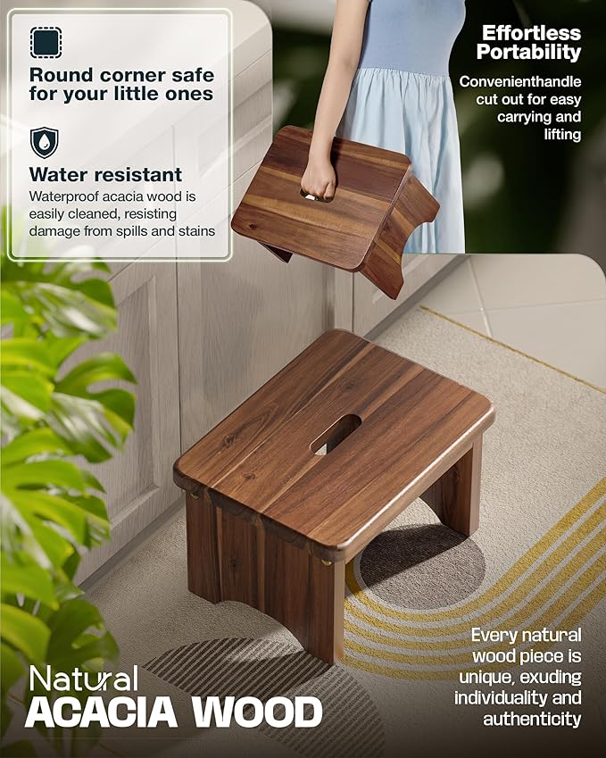 FANATU Wooden Step Stool, 9in One Step Stool for Adults, Wooden Beside Step Platform with 550 Load Capacity, Heavy Duty/Portable/Nonslip/Durable Construction Safe Step Support for Bedroom/Home Kitchen