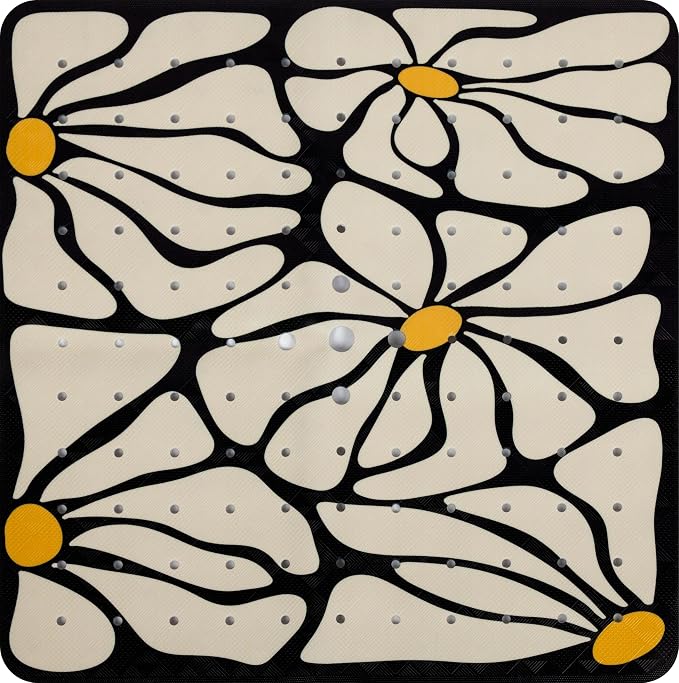 Square Shower Mat Non Slip 21x21 Inch, Black Floral Anti Slip Shower Mat for Inside Shower Bathtub Mat Non Slip Abstract Flowers Bath Tub Mat Shower Floor Mat Bathroom Mat with Large Drain Holes