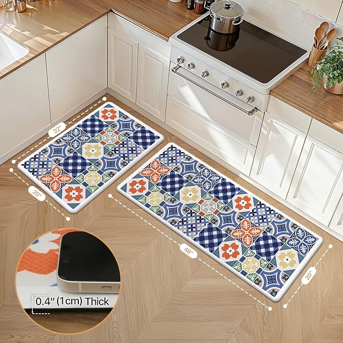 GENIMO Anti Fatigue Kitchen Mats for Floor, Cushioned Non Slip Kitchen Rug, Waterproof Kitchen Floor Mat Runner, Kitchen Mat for Laundry, Sink, Office, Entryway, 20"x48"+20"x32", Blue