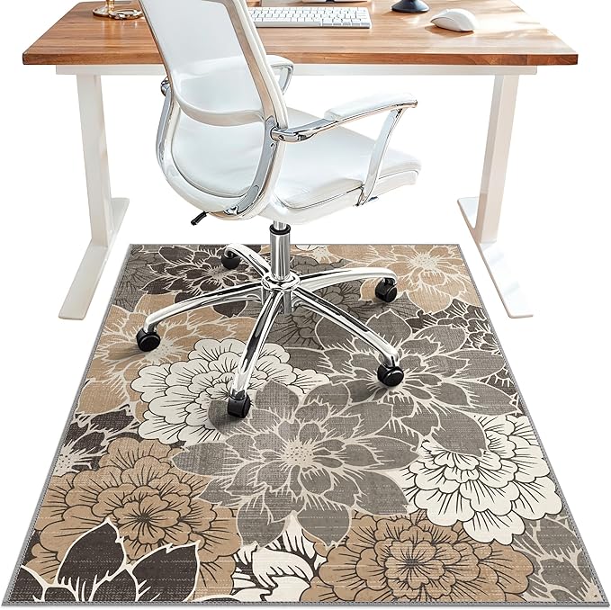 48"x72" Office Chair Mat for Hardwood Tile Floor, Under Desk Carpet Protector for Rolling Computer Chair Mat, Machine Washable Area Rug, Anti-Slip 1/5" Thick Low Pile Thin Vinyl Floor Mat, Grey Beige