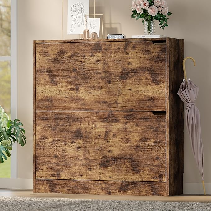 BORNOON Shoe Cabinet with 2 Flip Drawers, Slim Narrow Shoe Storage Cabinet, Freestanding Shoe Organizer with Adjustable & Removable Shelves, Top Display Shelf for Entryway, Hallway, Foyer, Closet
