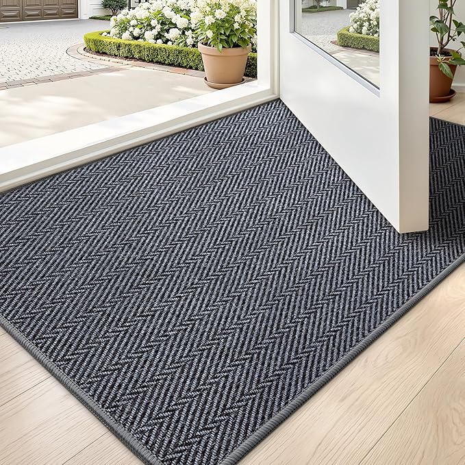 LUMI Ultra Thin Indoor Door Mat for Entrance 24"x36", Non Slip Entryway Mat, Low Profile Doormat, Unique Herringbone Design Carpet for Inside, Patio, Porch, Navy Gray