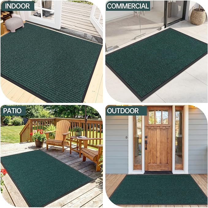 Indoor Outdoor Door Mat, 5’x 4' Doormat for Entryway, Rubber Backing Non Slip Front Door Mat Outside Entrance, Super Absorbent Commercial Floor Mat for Home Office, Green