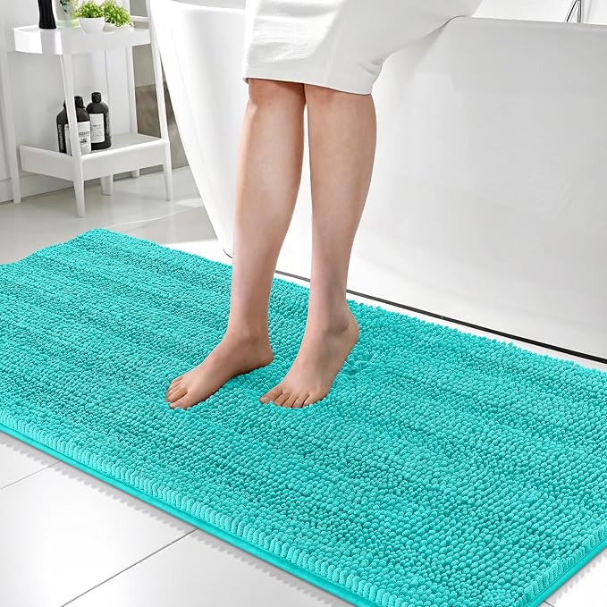 OLANLY Thick Bathroom Runner Rugs 59x24, Absorbent Chenille Striped Bath Rugs, Rubber Backing, Machine Wash Dry, Extra Long Bath Mats for Bathroom Floor, Tub and Shower, Home Decor Accessories, Teal