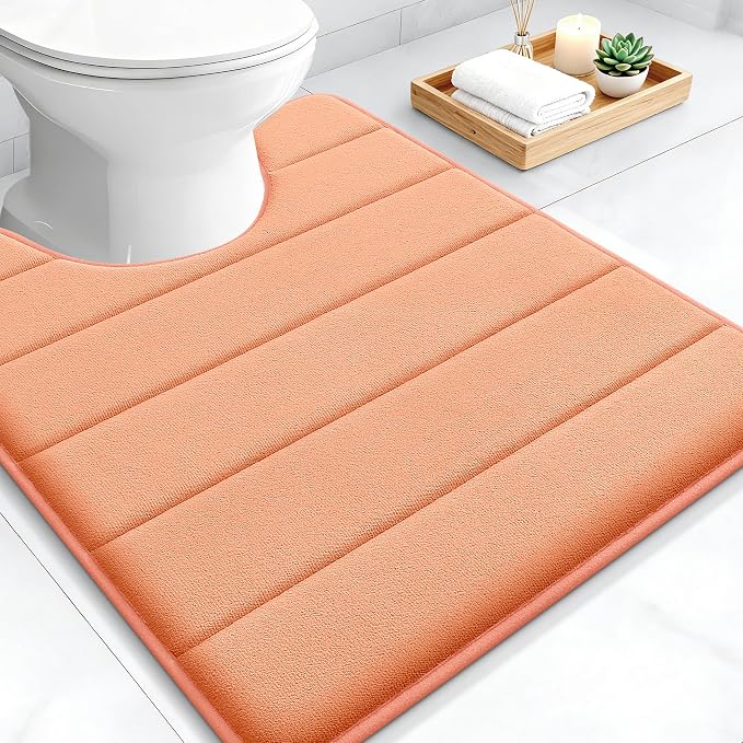 OLANLY Memory Foam Toilet Rugs U Shaped 24x20, Super Soft Absorbent Contour Bath Rugs, Quick Dry, Machine Washable Toilet Mat, Bathmat Floor Carpet, Bathroom Home Decor Accessories, Peach