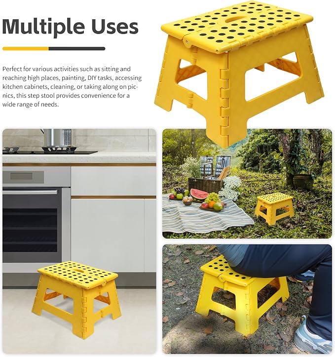 MaxWorks 50969 Folding Step Stool - 9" Height, 330 lbs Capacity - 16 Steel Rods for Enhanced Strength - Lightweight, Durable Plastic Stool for Kitchen, Bathroom, Living Room - Yellow