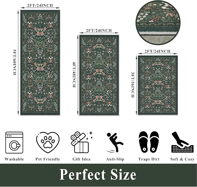 3 Piece Kitchen Rug Set, Washable Non-Slip Kitchen Mats for Hardwood Floor, Boho Farmhouse Kitchen Runner Rug for Sink,Entryway & Hallway & Bathroom (Dark Green, 2x3+2x4+2x5)