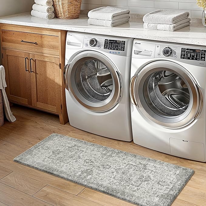 GENIMO Kitchen Mats for Floor 2PCs, Washable Anti Fatigue Mat for Cushioned, 17.3"x47"+17.3"x30", Waterproof Kitchen Rugs, Non Slip Comfort Standing Mat Rug for Home, Sink, Laundry, Stone Gray