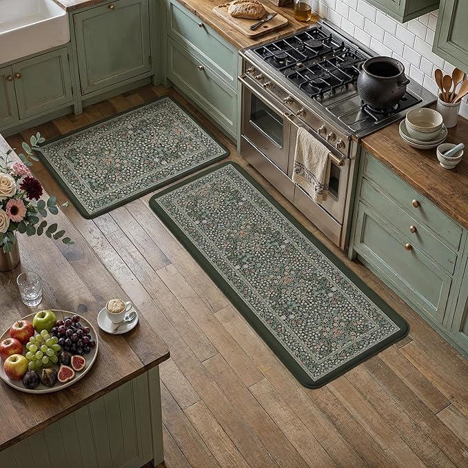 Kitchen Mats for Floor Thick Anti Fatigue Waterproof Vintage Spring Floral Kitchen Rugs 2PCS Cushioned Non Slip Black Green Comfort Standing Mats for Sink Laundry Office 17.3"×47"+17.3"×30"