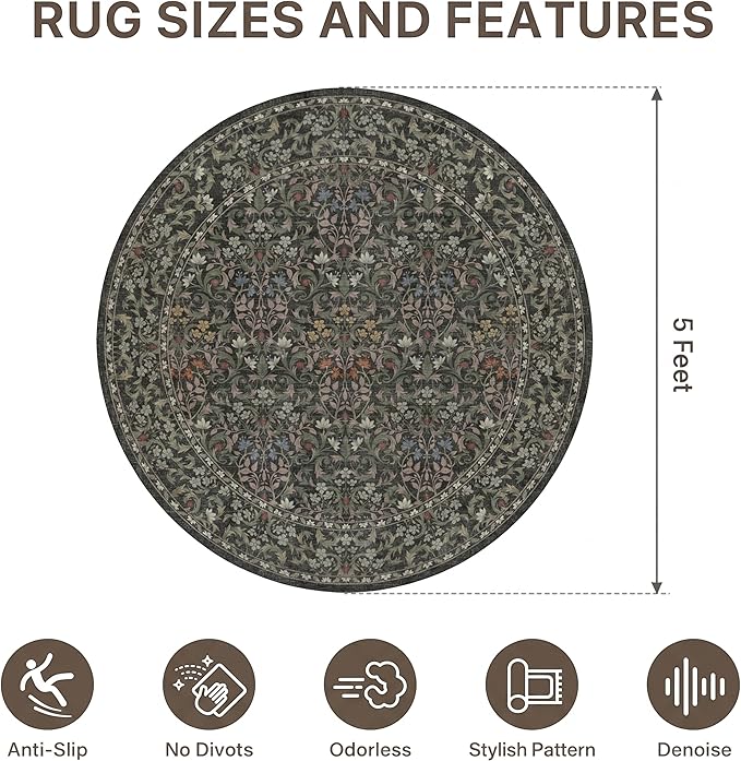 60"x60" Office Chair Mat for Hardwood Tile Floor, Under Desk Carpet Protector for Rolling Computer Chair Mat, Machine Washable Round Area Rug, Anti-Slip 1/5" Thick Low Pile Thin Floor Mat, Moss Green