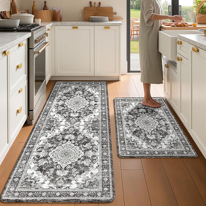 Boho Kitchen Mats for Floor 2 Piece Set Anti Fatigue Cushioned PVC Kitchen Rugs Non Slip Waterproof Farmhouse Mats 2/5 Inch Comfort Standing Mat for Sink, Laundry, 23.6"x39"+23.6"x59",D4