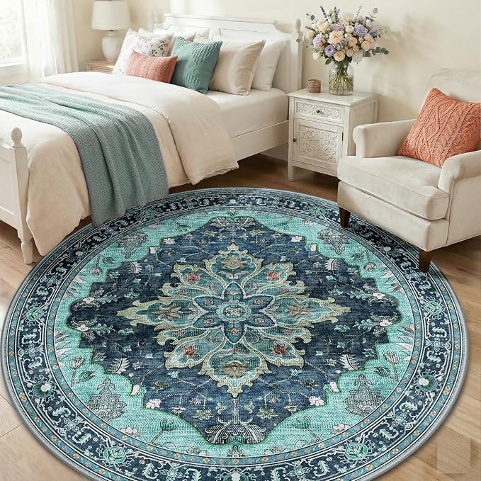 RELEANY Area Rugs Round 6ft Washable Non-Slip, Floral Vintage Distress Medallion Carpet for Living Room Bedroom Dining Room, Teal Green Lake Blue Turquoise