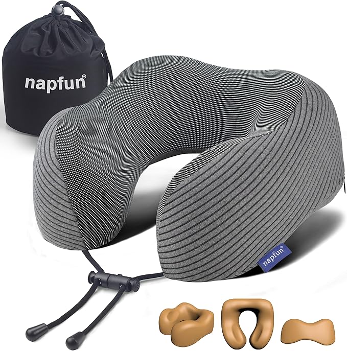 napfun Neck Pillow for Traveling, Upgraded Travel Neck Pillow for Airplane 100% Pure Memory Foam Travel Pillow for Flight Headrest Sleep, Portable Plane Accessories, Dark Gray