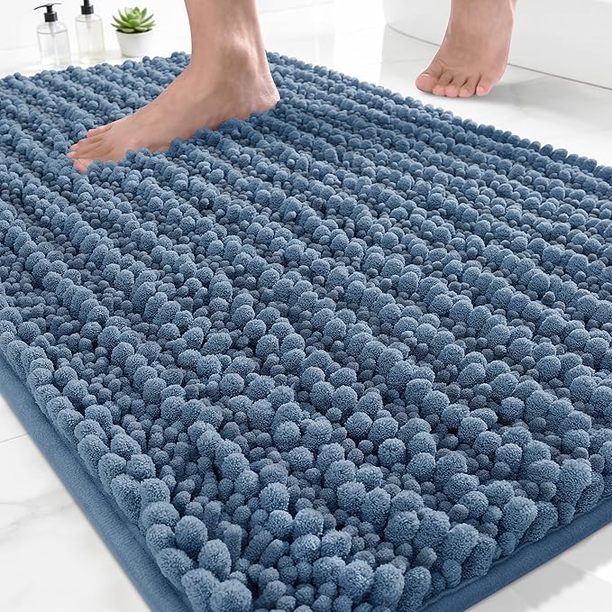 Yimobra Bathroom Rugs Non Slip Washable - Ultra Soft Absorbent Chenille Bath Mat, Quick Dry Shaggy Floor Carpet for Tub Shower, Denim Blue Home Decor Accessories, 24x17 Inch