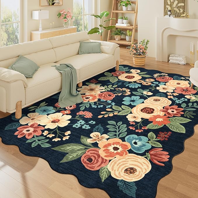 DUKINO 5x7 Area Rug, Floral Washable Rugs for Living Room with Non Slip Backing & Non-Shedding, Lightwight Low Pile Boho Design Large Carpets for Bedroom, Living Room, Dining Room, Navy Blue