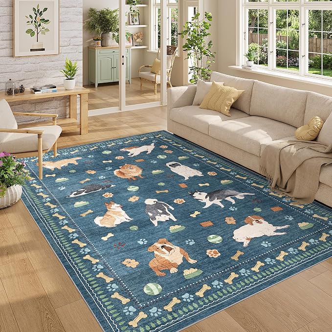DUKINO 5x7 Rug for Living Room, Lightweight Animal Dog Print Washable Area Rug, Soft Non Slip & Low Pile Floor Mat, Stain Resistant Large Carpet for Bedroom, Nursery, Dining Room, Kids Playroom, Blue
