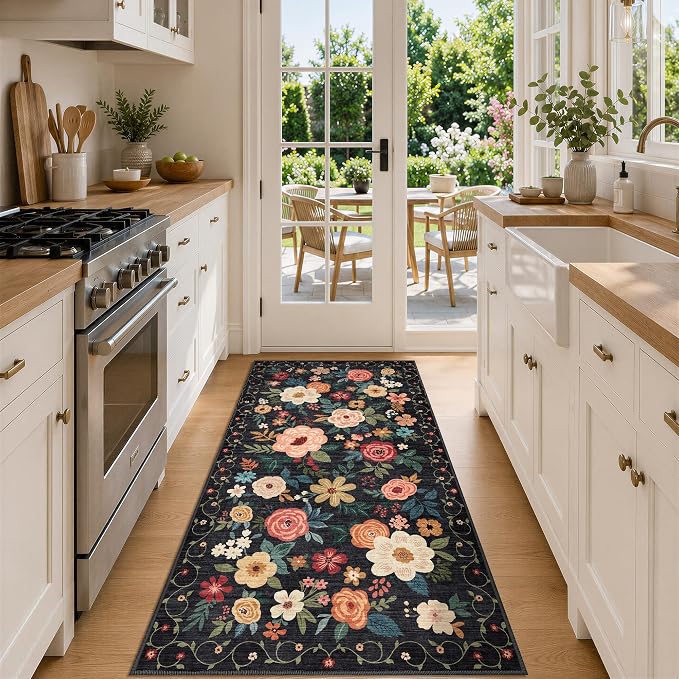 DUKINO 3x6 Runner Rug, Washable Soft Floral Hallway Runner Rug with Non Slip, Low Pile Thin Floor Carpet for Kitchen, Bathroom, Entryway, Laundry, Entryway, Black