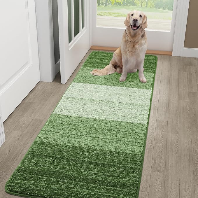 Kitinjoy Indoor Outdoor Door Mat, 59x20 Non-Slip Absorbent Dirt Trapper, Low-Profile Washable Inside Entrance Front Floor Mat, Sturdy Soft Entry Doormats for Entryway, Green