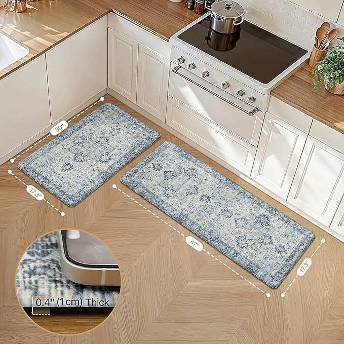 GENIMO Kitchen Mats for Floor 2PCs, Washable Anti Fatigue Mat for Cushioned, 17.3"x47"+17.3"x30", 0.4 inch, Waterproof Kitchen Rug, Non Slip Standing Mat for Home, Runner, Office, Laundry, Light Blue