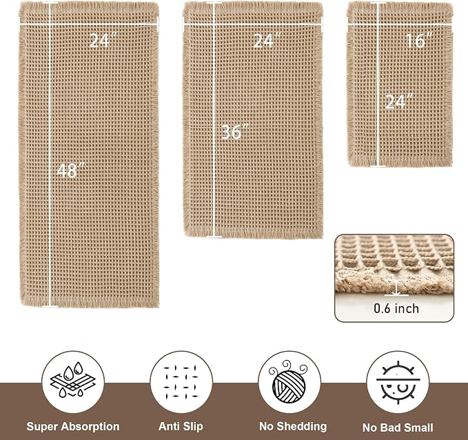 JIUZHEN Set of 3 Waffle Bath Mats Boho Waffle Bathroom Rug Washable Non Slip Bath Rugs Super Absorbent Shower Mat for Bathroom Kitchen Tub, 16" x 24" +24" x 36"+24" x 48", Brown