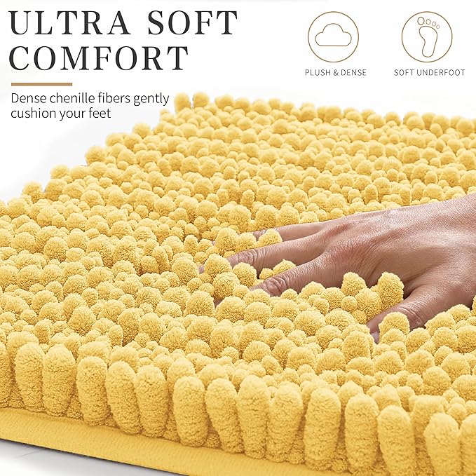 Yimobra Bathroom Rugs Non Slip Washable - Ultra Soft Absorbent Chenille Bath Mat, Quick Dry Shaggy Floor Carpet for Tub Shower, Yellow Home Decor Accessories, 24x17 Inch
