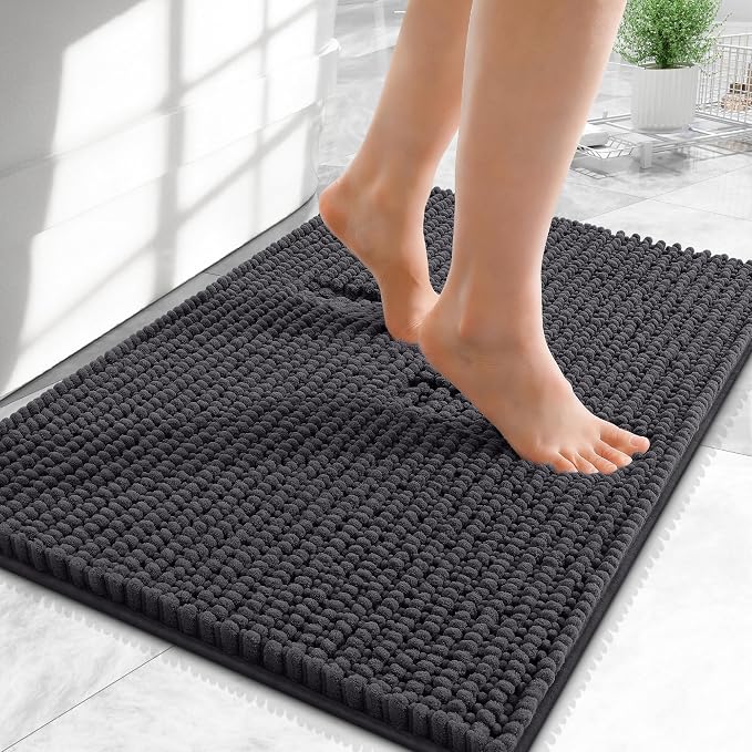OLANLY Thick Small Bathroom Rugs 24x16, Extra Soft Absorbent Chenille Bath Rugs, Rubber Backing, Machine Wash Dry, Bath Mats for Bathroom Floor, Tub and Shower, Home Decor Accessories, Dark Grey