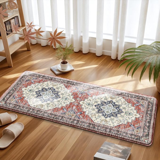 Boho Kitchen Mats for Floor 2 Piece Set Anti Fatigue Cushioned PVC Kitchen Rugs Non Slip Waterproof Farmhouse Mats 2/5 Inch Comfort Standing Mat for Sink, Laundry, 17.3"x47"+17.3"x28", Taupe Red
