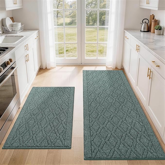COSY HOMEER Kitchen Rugs Sets 2PCS,Non-Slip Washable Kitchen Mats for Floor,Absorbent and Stain Resistant Kitchen Runner Rugs for Kitchen Sink Laundry Entryway,24"x35"+24"x60",Heather Green