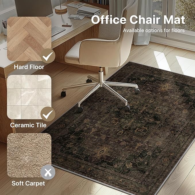 48"x60" Office Chair Mat for Hardwood Tile Floor, Under Desk Carpet Protector for Rolling Computer Chair Mat, Machine Washable Area Rug, Anti-Slip 1/5" Thick Low Pile Thin Vinyl Floor Mat, Brown