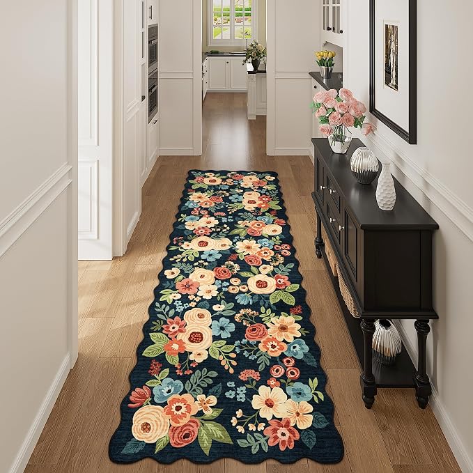 DUKINO 2.6x8 Runner Rug for Hallway, Washable Kitchen Rug with Non Slip Backing & Non-Shediing, Soft Low Pile Floral Design Runner for Bedroom, Kithchen, Living Room, Laundry, Bathroom, Navy Blue