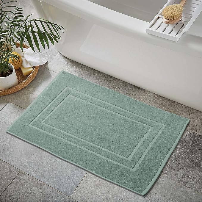 Feather & Stitch 2 Piece Towel Like Bath Mats (30x21 Inch) 100% Cotton Terry Bath Mat, Bathroom Shower Floor Mat [NOT A Bathroom Rug], Soft Absorbent Washable Mats - Granite Green
