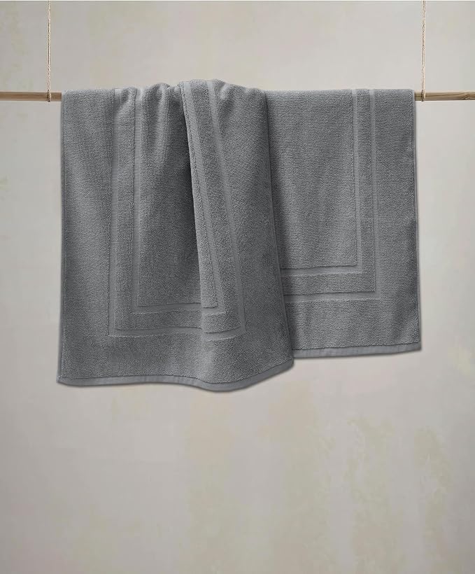 Feather & Stitch 2 Piece Towel Like Bath Mats (30x21 Inch) 100% Cotton Terry Bath Mats, Bathroom Shower Floor Mats [NOT A Bathroom Rug], Soft Absorbent Washable Mats - Dark Grey