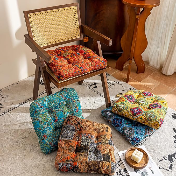 vctops Boho Geometric Chair Cushions with Ties U-Shaped Soft Cozy Cotton Linen Chair Pads Non Slip Seat Cushions for Indoor Dining Room and Kitchen Chairs (Orange,16"x16")