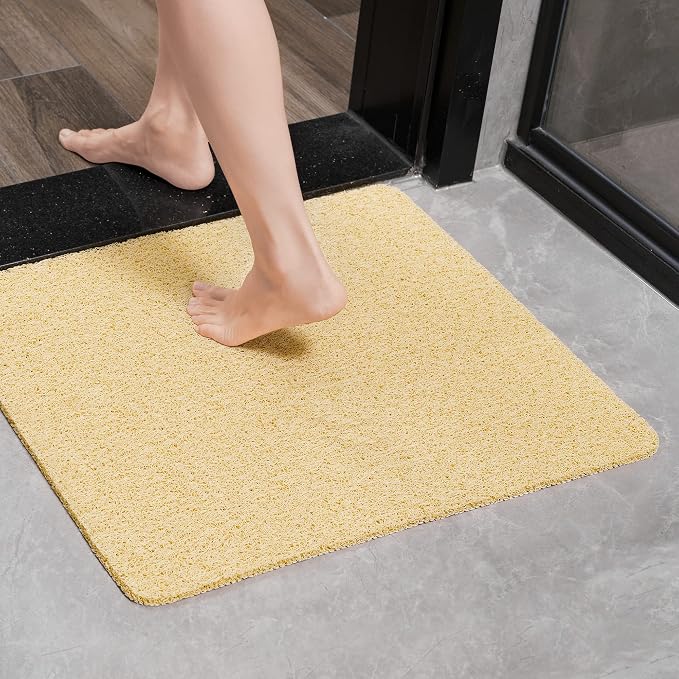 HITSLAM Non Slip Bathtub Mat 24 x 24 Inch, Extra Long Bath Mat for Tub, Soft PVC Loofah Shower Floor Mat with Drain, Quick Drying Bathroom Tub Mat for Wet Area, Without Suction Cup, Beige