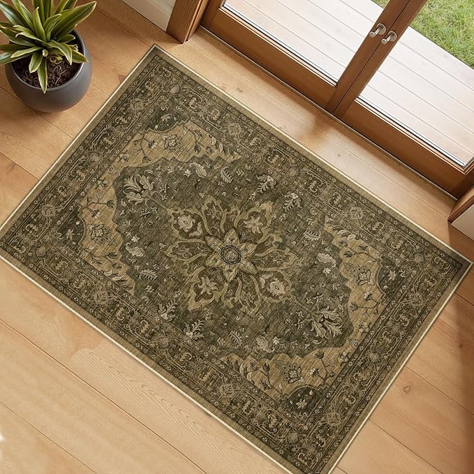 RELEANY Area Rugs Small 2'x3' Washable Non-Slip, Floral Vintage Distress Medallion Carpet for Kitchen Entryway Bathroom, Brown Dark Brown