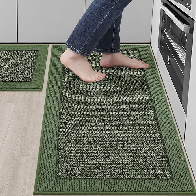 BEQHAUSE Kitchen Rugs and Mats Set of 2 Non-Slip Kitchen Mats for Floor, Absorbent and Stain Resistant Kitchen Runner, Machine Washable Rugs for Kitchen, Laundry & Sink, 20"x32"+20"x48", Green