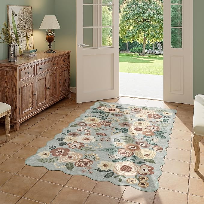 DUKINO 3x5 Area Rug, Floral Non-Slip Indoor Washable Rug with Low Pile & Non-Shedding, Lightwight Boho Design Carpet for Entryway, Bedroom, Kids Room, Living Room, Kitchen, Sage Green