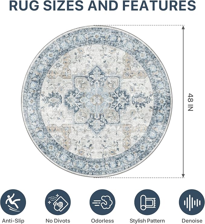 48"x48" Office Chair Mat for Hardwood Tile Floor, Under Desk Carpet Protector for Rolling Computer Chair Mat, Machine Washable Round Area Rug, Anti-Slip 1/5" Thick Low Pile Thin Floor Mat, Blue