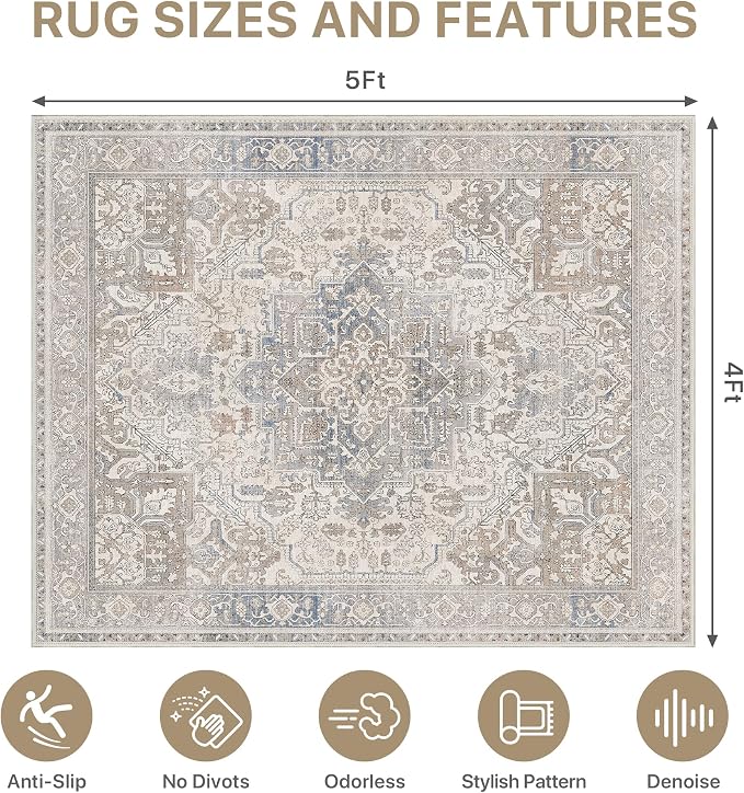 48"x60" Office Chair Mat for Hardwood Tile Floor, Under Desk Carpet Protector for Rolling Computer Chair Mat, Machine Washable Area Rug, Anti-Slip 1/5" Thick Low Pile Thin Vinyl Floor Mat, Khaki Blue
