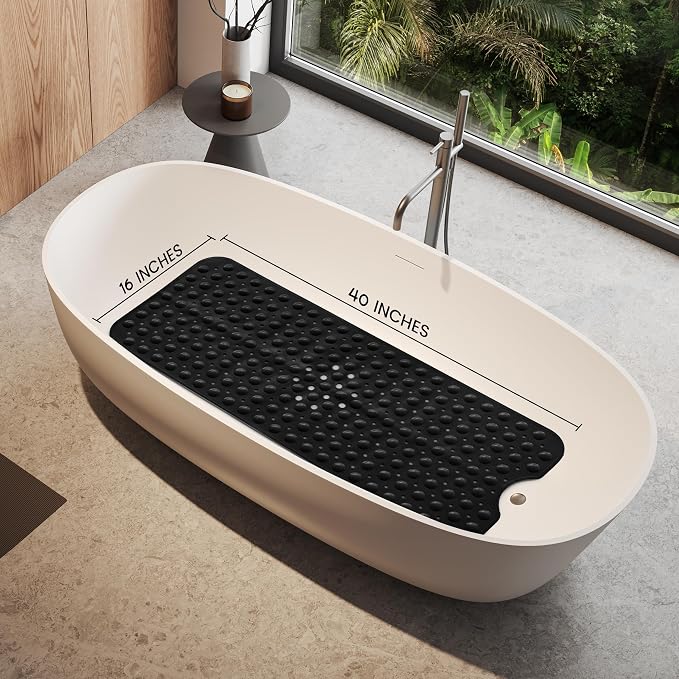 LUX Décor Non-Slip Bathtub Mat, Extra Large 40x16 Inches – Anti-Slip Safety Shower Mat with Suction Cups & Drain Holes – Machine Washable Bath Mat – Black