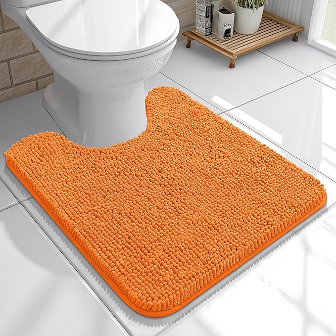 OLANLY Toilet Rugs U-Shaped 20x20, Extra Soft Absorbent Chenille Contour Bathroom Rugs for Toilet, Dry Quickly, Machine Washable, Non-Slip Bath Mat, Orange
