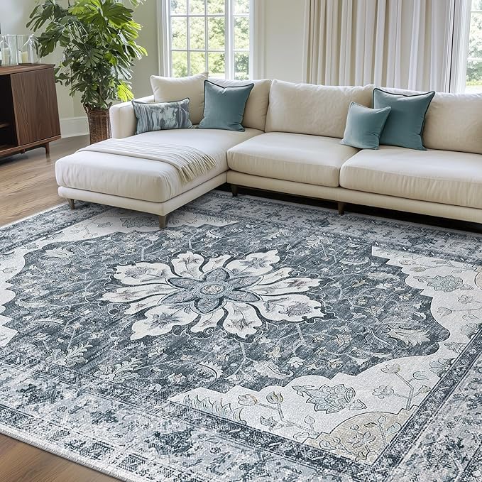 RELEANY Area Rugs 7'x10' Washable Non-Slip, Floral Vintage Distress Medallion Carpet for Living Room Bedroom Dining Room, Light Gray Grey White