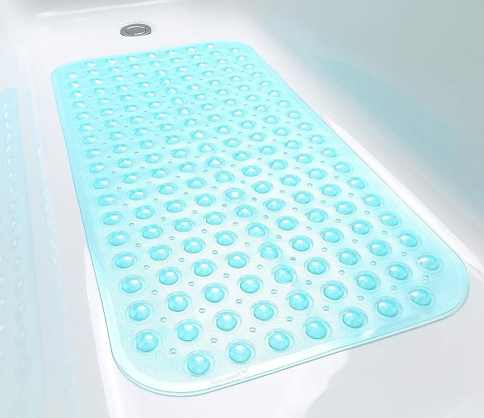 Large Non-Slip Bathtub & Shower Mat 31 inch x16 inch (Smooth/Non-Textured Tubs Only) Safe, Clean, Machine-Washable, Superior Grip&Drainage, Vinyl, Transparent Aqua/Blue-Green, Medium