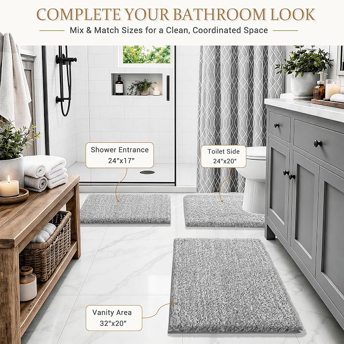 Yimobra Bathroom Rugs Non Slip Washable 32X20, Ultra Soft and Water Absorbent Bath Mats, Plush Fluffy Shower Mat Outside, Microfiber Thick Matts for Bathroom Floor/Tub, Light Gray and White