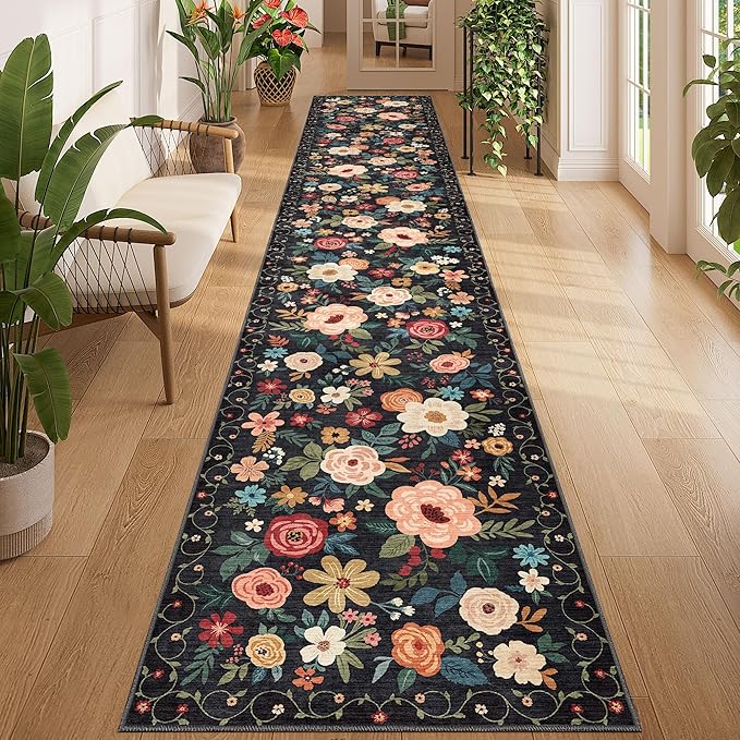 DUKINO 2x12 Washable Runner Rug, Ultra Soft Floral Runner Rug for Hallway, Boho Non Slip & Non Shedding Indoor Entryway Carpet for Kitchen, Laundry Room, Bathroom, Bedroom, Entrance, Black