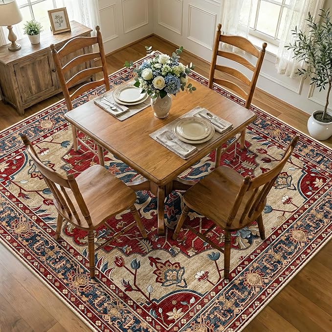 RELEANY Area Rugs Square 7ft Washable Non-Slip, Floral Vintage Distress Medallion Carpet for Living Room Bedroom Dining Room, Red Blue