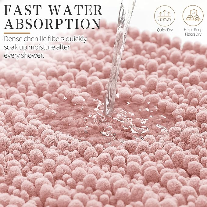 Yimobra Bathroom Rugs Non Slip Washable - Ultra Soft Absorbent Chenille Bath Mat, Quick Dry Shaggy Floor Carpet for Tub Shower, Light Pink Home Decor Accessories, 24x17 Inch